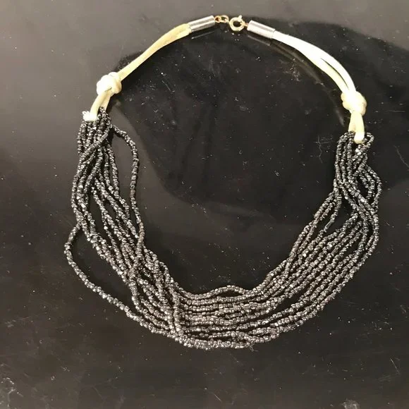 Vintage Silk Hematite Choker Beaded Necklace 9 Strand  Formal Evening - Picture 2 of 5